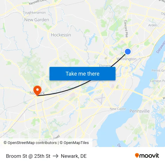 Broom St @ 25th St to Newark, DE map