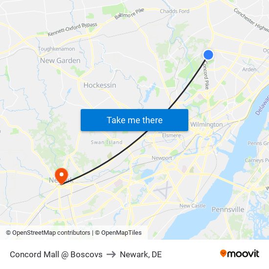 Concord Mall @ Boscovs to Newark, DE map