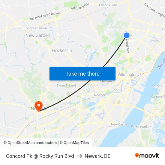 Concord Pk @ Rocky Run Blvd to Newark, DE map
