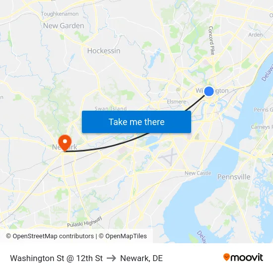 Washington St @ 12th St to Newark, DE map