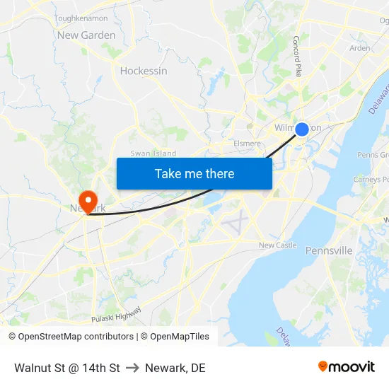 Walnut St @ 14th St to Newark, DE map
