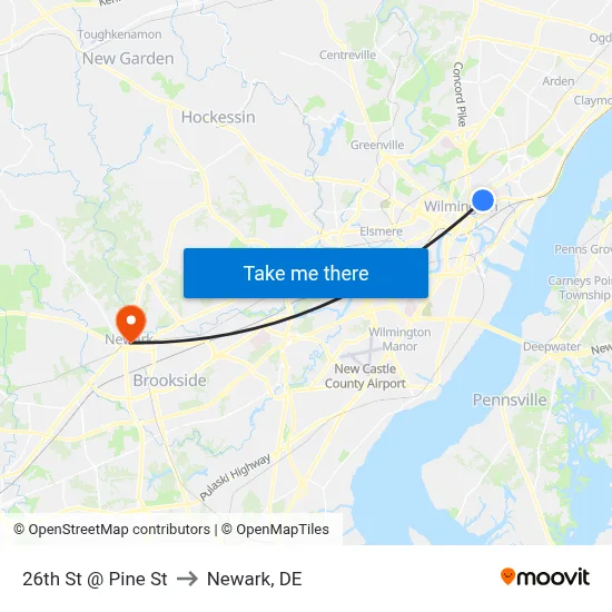 26th St @ Pine St to Newark, DE map