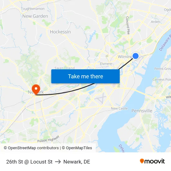 26th St @ Locust St to Newark, DE map