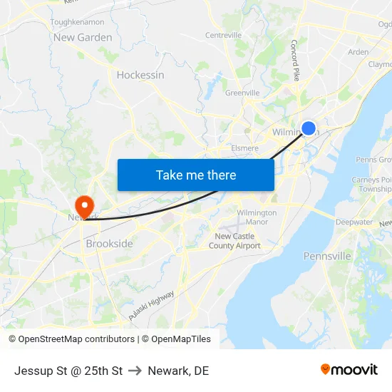 Jessup St @ 25th St to Newark, DE map