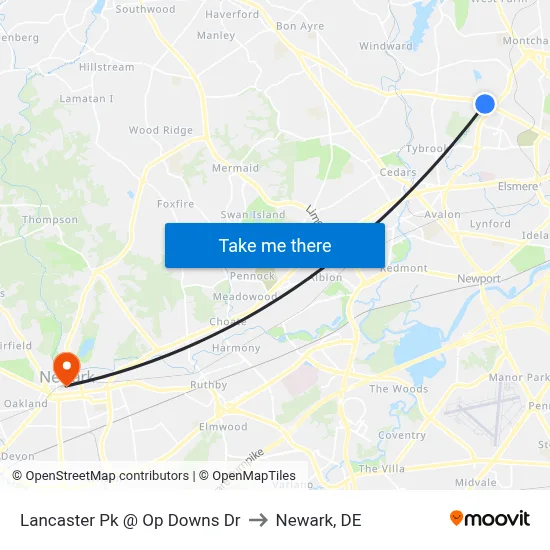 Lancaster Pk @ Op Downs Dr to Newark, DE map
