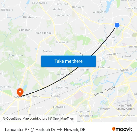 Lancaster Pk @ Harlech Dr to Newark, DE map