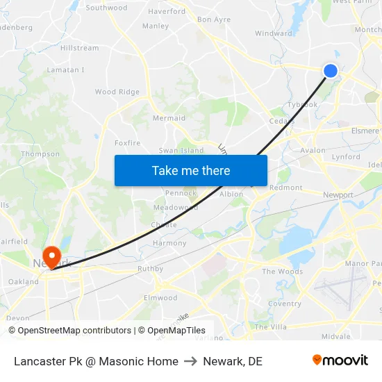 Lancaster Pk @ Masonic Home to Newark, DE map
