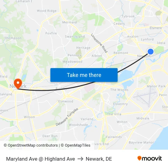 Maryland Ave @ Highland Ave to Newark, DE map