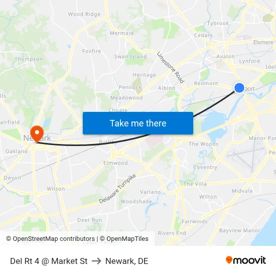 Del Rt 4 @ Market St to Newark, DE map