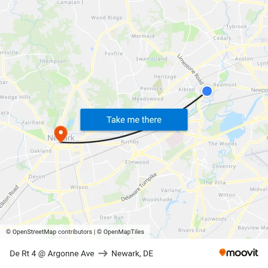 De Rt 4 @ Argonne Ave to Newark, DE map