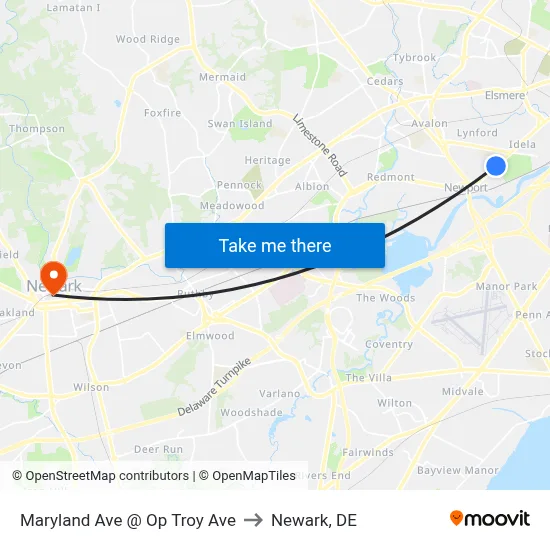 Maryland Ave @ Op Troy Ave to Newark, DE map