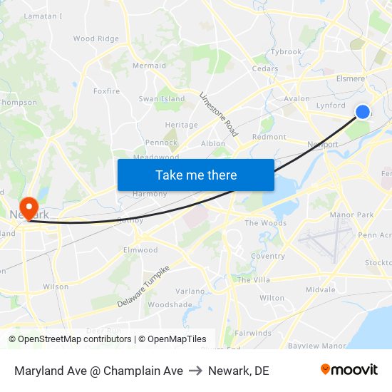 Maryland Ave @ Champlain Ave to Newark, DE map