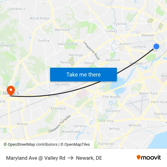 Maryland Ave @ Valley Rd to Newark, DE map