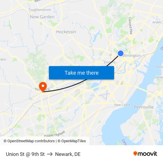 Union St @ 9th St to Newark, DE map