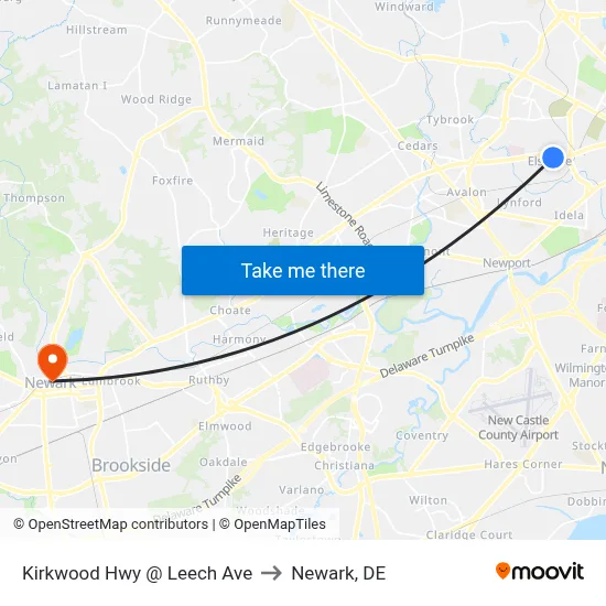 Kirkwood Hwy @ Leech Ave to Newark, DE map