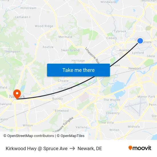 Kirkwood Hwy @ Spruce Ave to Newark, DE map