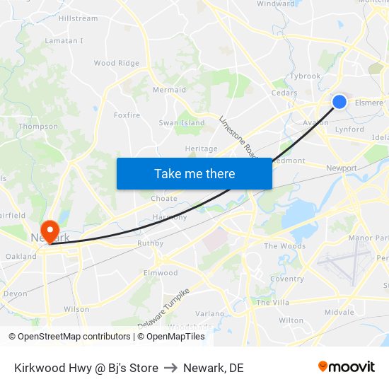 Kirkwood Hwy @ Bj's Store to Newark, DE map