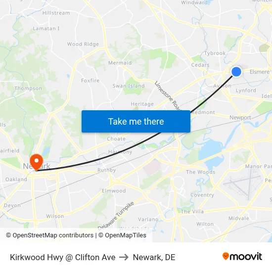 Kirkwood Hwy @ Clifton Ave to Newark, DE map
