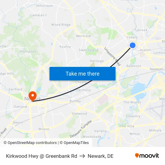 Kirkwood Hwy @ Greenbank Rd to Newark, DE map