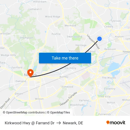 Kirkwood Hwy @ Farrand Dr to Newark, DE map