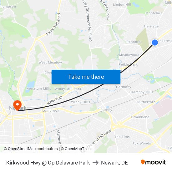 Kirkwood Hwy @ Op Delaware Park to Newark, DE map