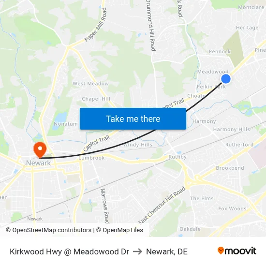 Kirkwood Hwy @ Meadowood Dr to Newark, DE map