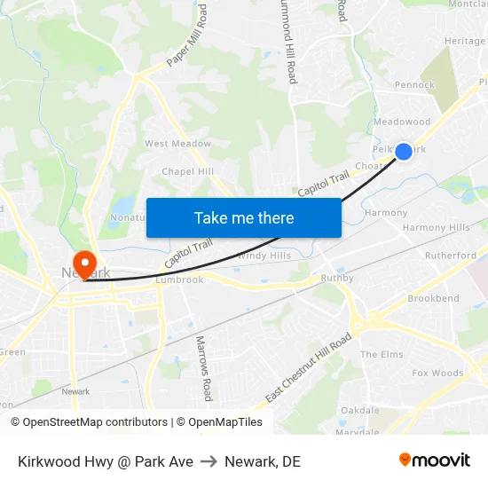 Kirkwood Hwy @ Park Ave to Newark, DE map