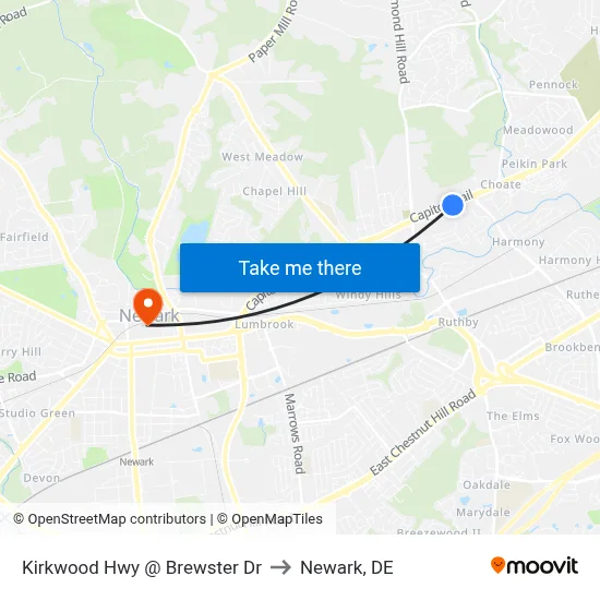 Kirkwood Hwy @ Brewster Dr to Newark, DE map