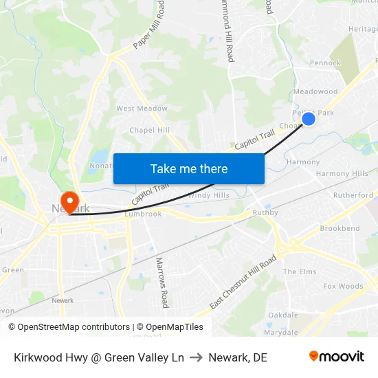 Kirkwood Hwy @ Green Valley Ln to Newark, DE map