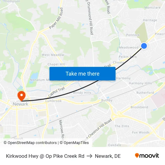 Kirkwood Hwy @ Op Pike Creek Rd to Newark, DE map