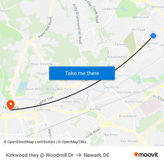 Kirkwood Hwy @ Woodmill Dr to Newark, DE map
