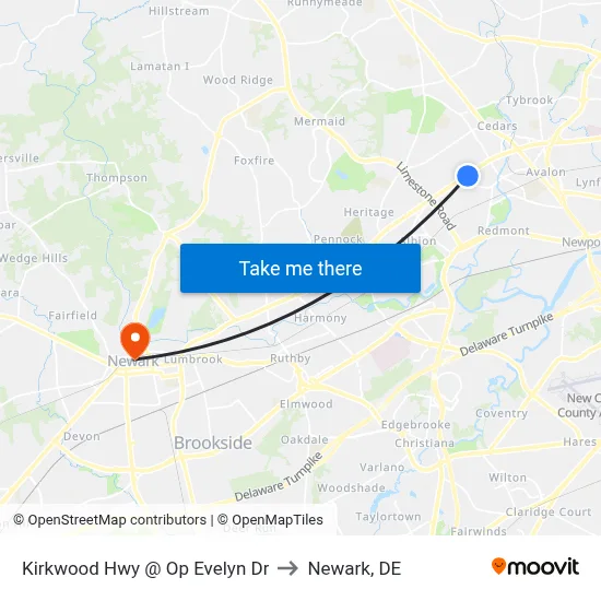 Kirkwood Hwy @ Op Evelyn Dr to Newark, DE map