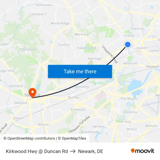 Kirkwood Hwy @ Duncan Rd to Newark, DE map