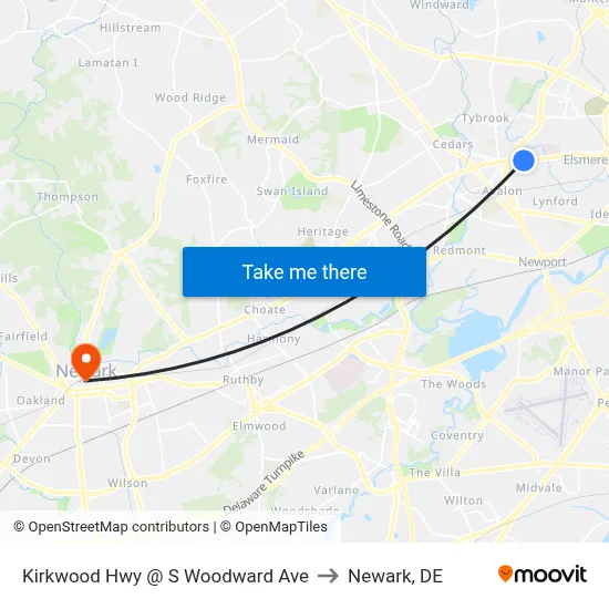 Kirkwood Hwy @ S Woodward Ave to Newark, DE map
