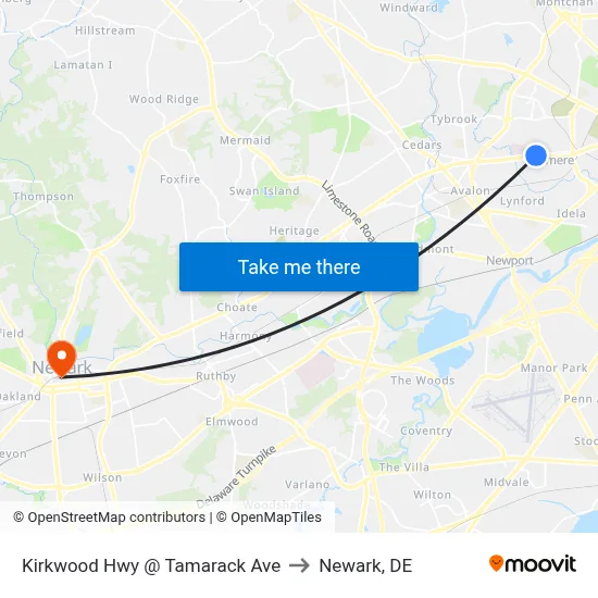 Kirkwood Hwy @ Tamarack Ave to Newark, DE map