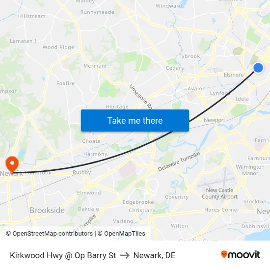 Kirkwood Hwy @ Op Barry St to Newark, DE map