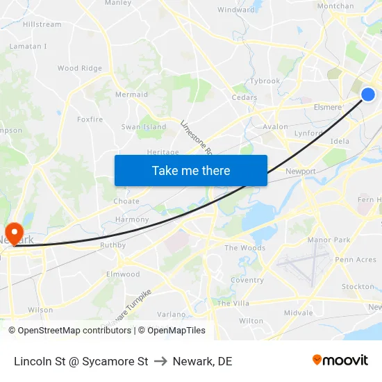 Lincoln St @ Sycamore St to Newark, DE map