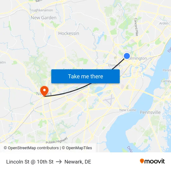 Lincoln St @ 10th St to Newark, DE map