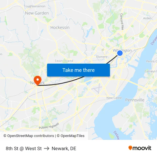 8th St @ West St to Newark, DE map