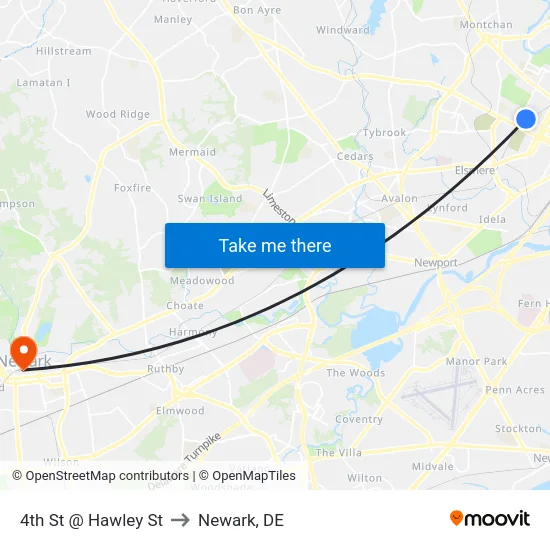 4th St @ Hawley St to Newark, DE map