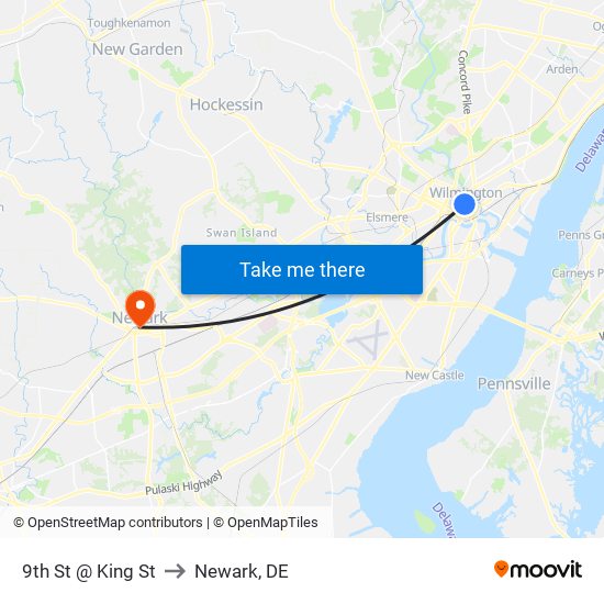 9th St @ King St to Newark, DE map