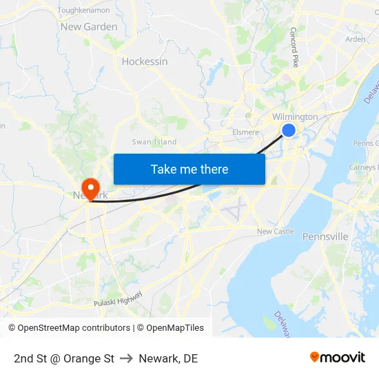 2nd St @ Orange St to Newark, DE map