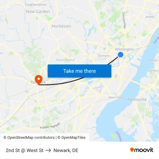 2nd St @ West St to Newark, DE map