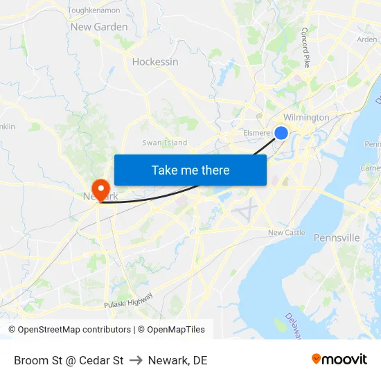 Broom St @ Cedar St to Newark, DE map