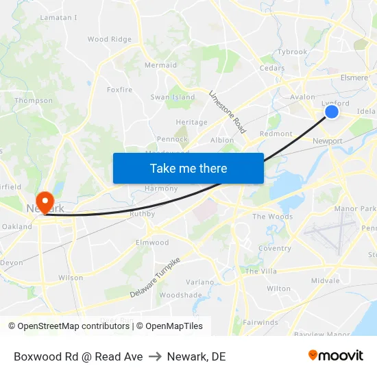 Boxwood Rd @ Read Ave to Newark, DE map