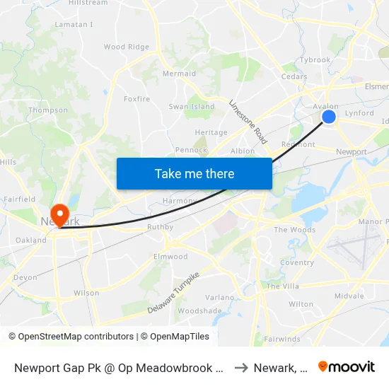 Newport Gap Pk @ Op Meadowbrook Ave to Newark, DE map