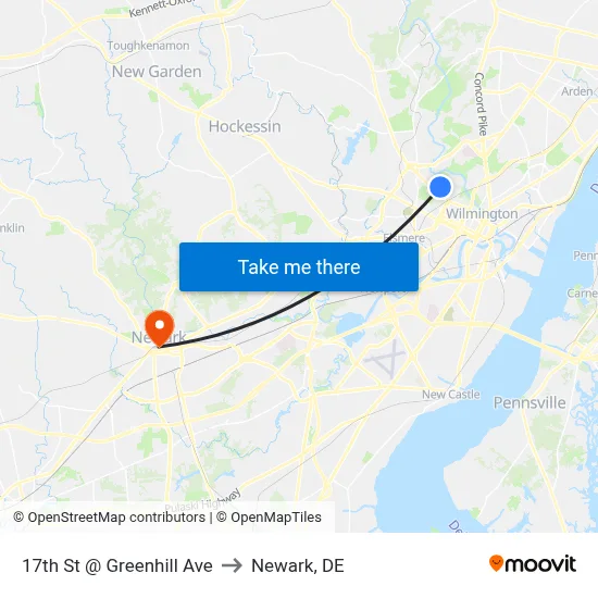 17th St @ Greenhill Ave to Newark, DE map