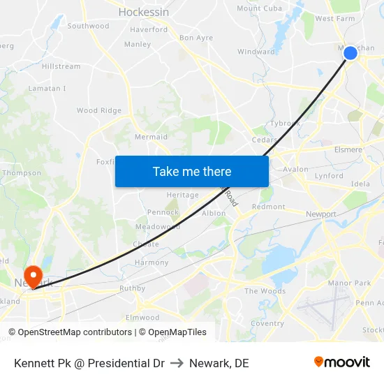 Kennett Pk @ Presidential Dr to Newark, DE map