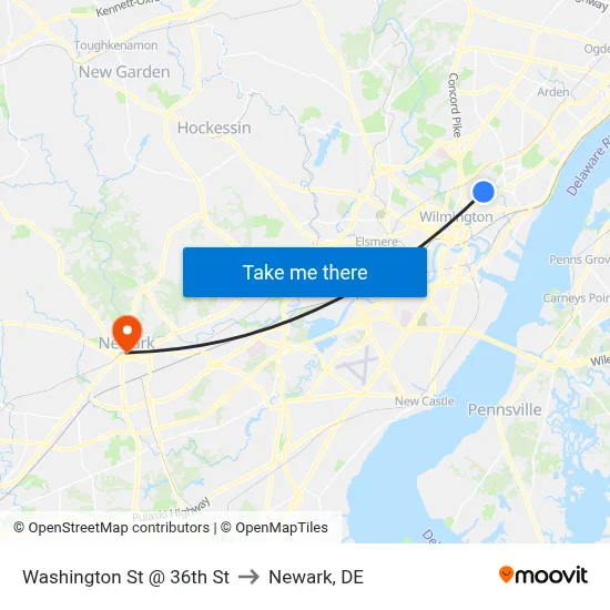 Washington St @ 36th St to Newark, DE map