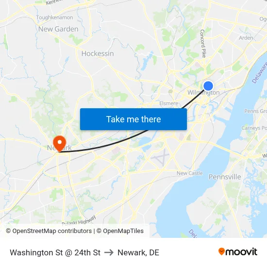 Washington St @ 24th St to Newark, DE map
